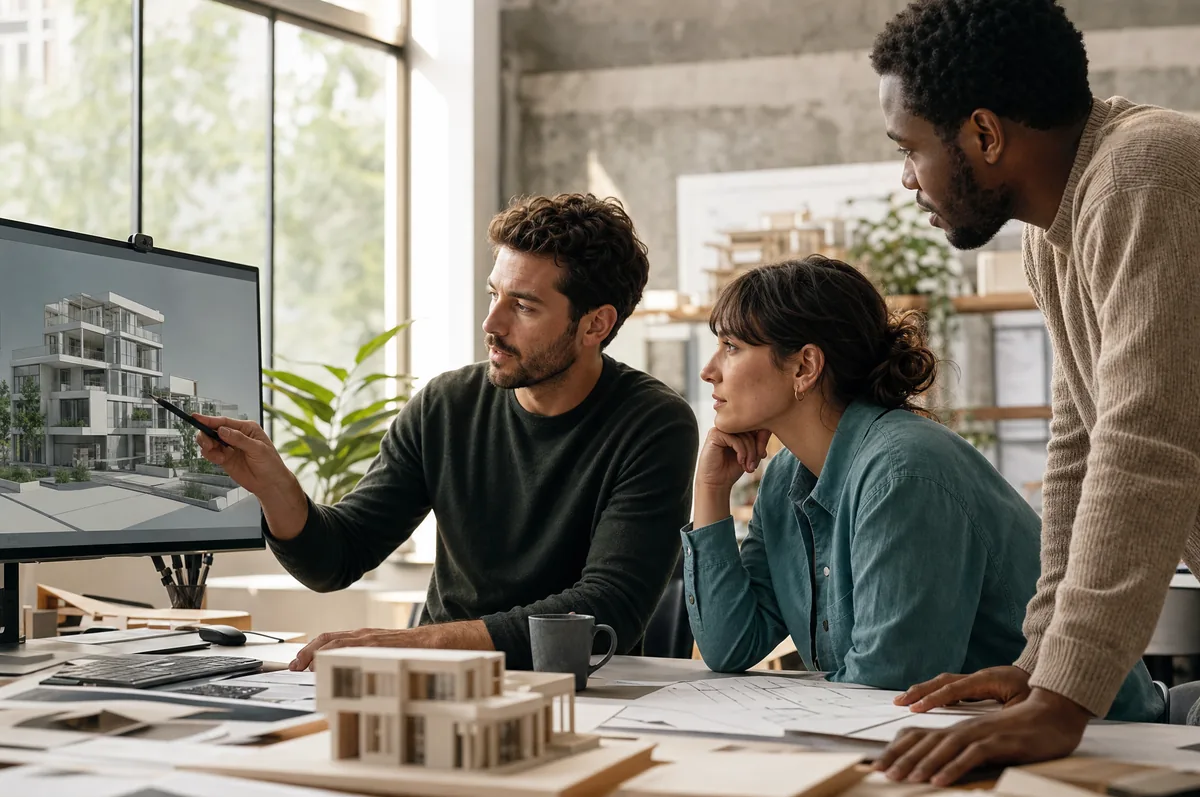 A studio team reviewing a 3D residential building model on a large screen