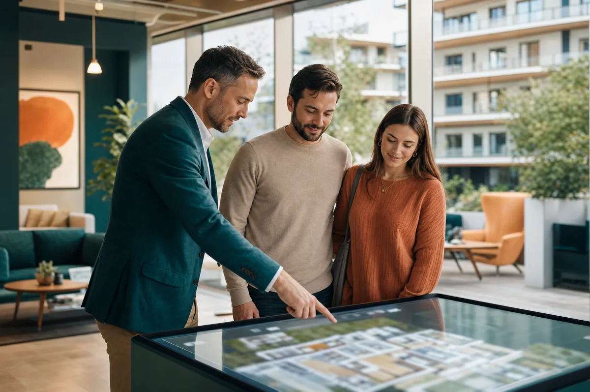 A developer showing a couple a new project on an interactive 3D screen