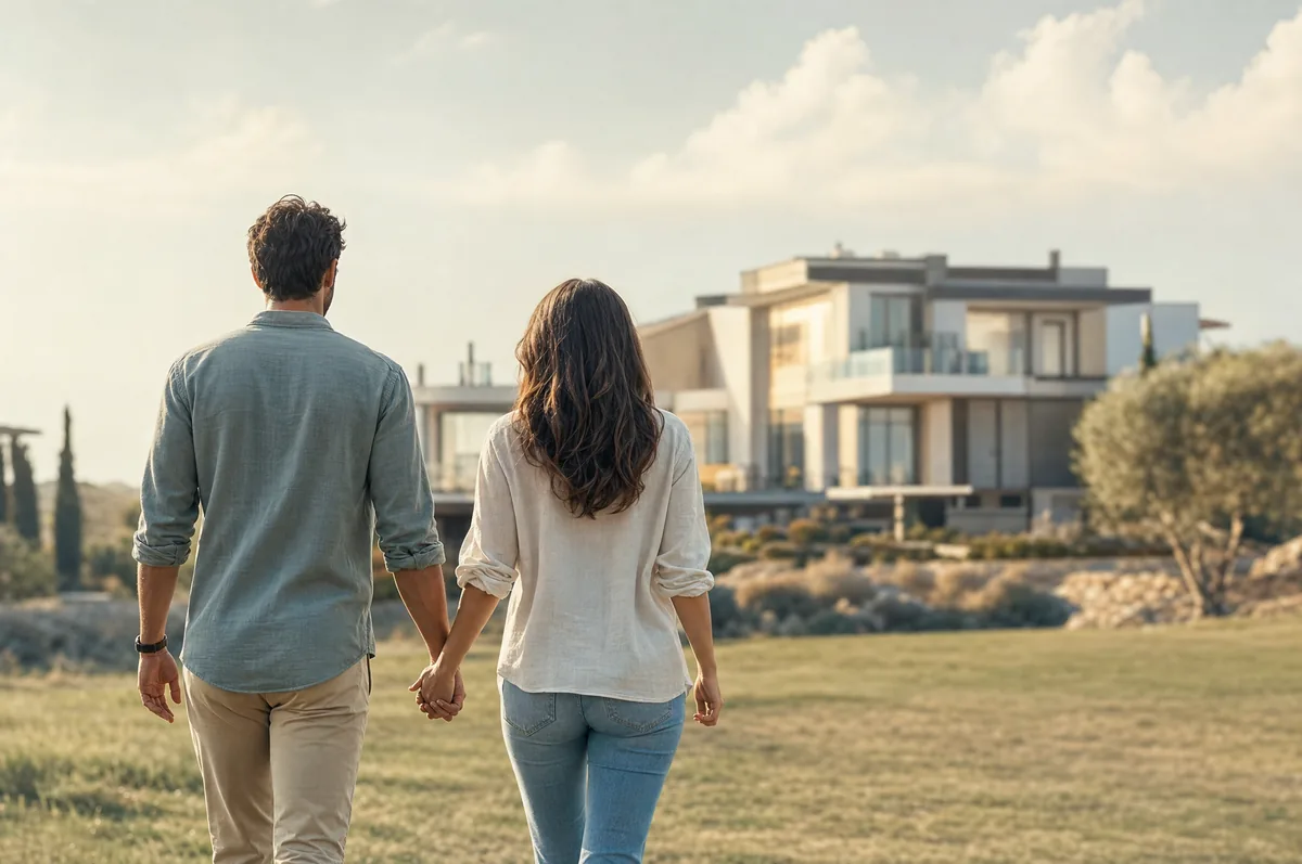 A couple walking hand in hand toward their future home