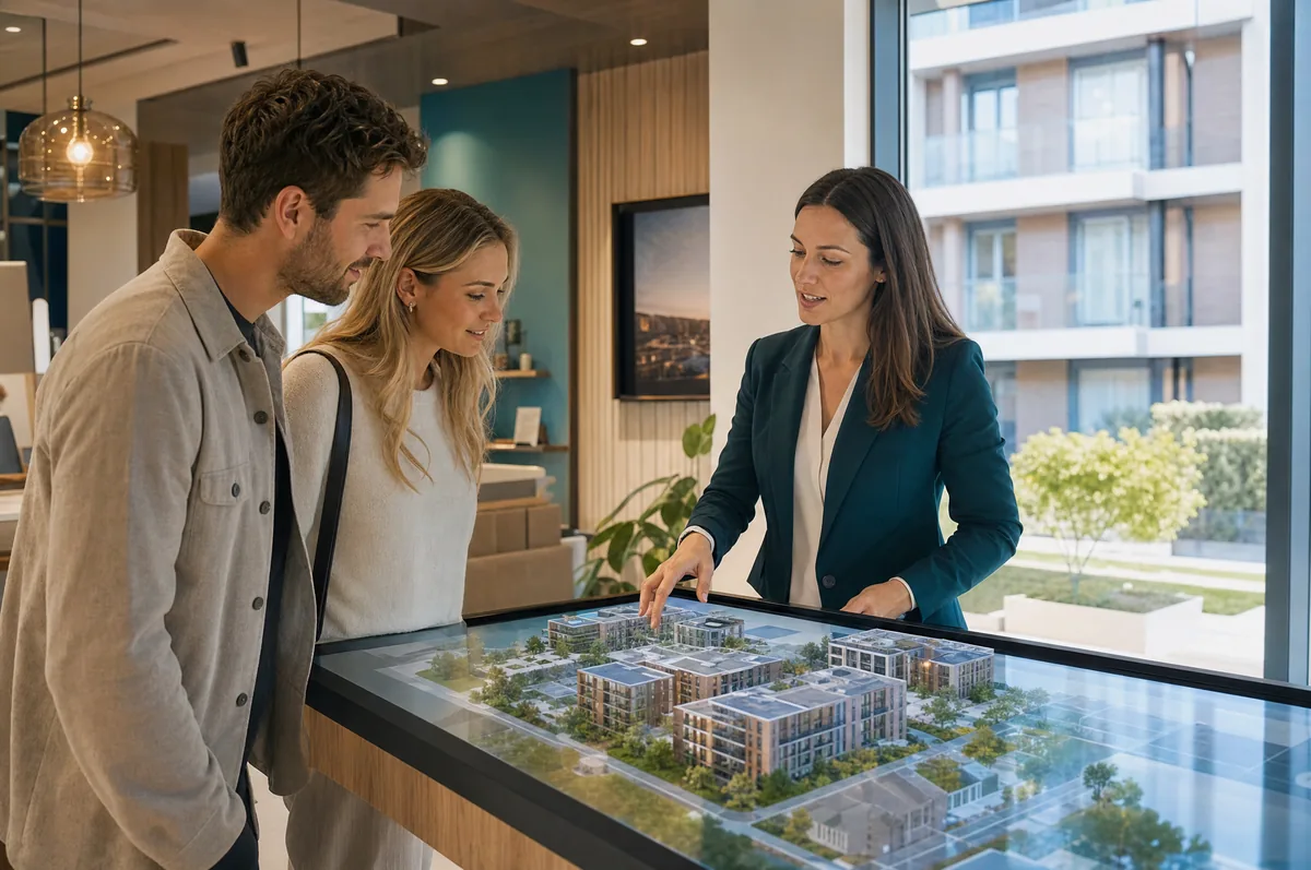 A sales advisor guiding a buyer couple through an interactive 3D building model on a touchscreen in a sales centre