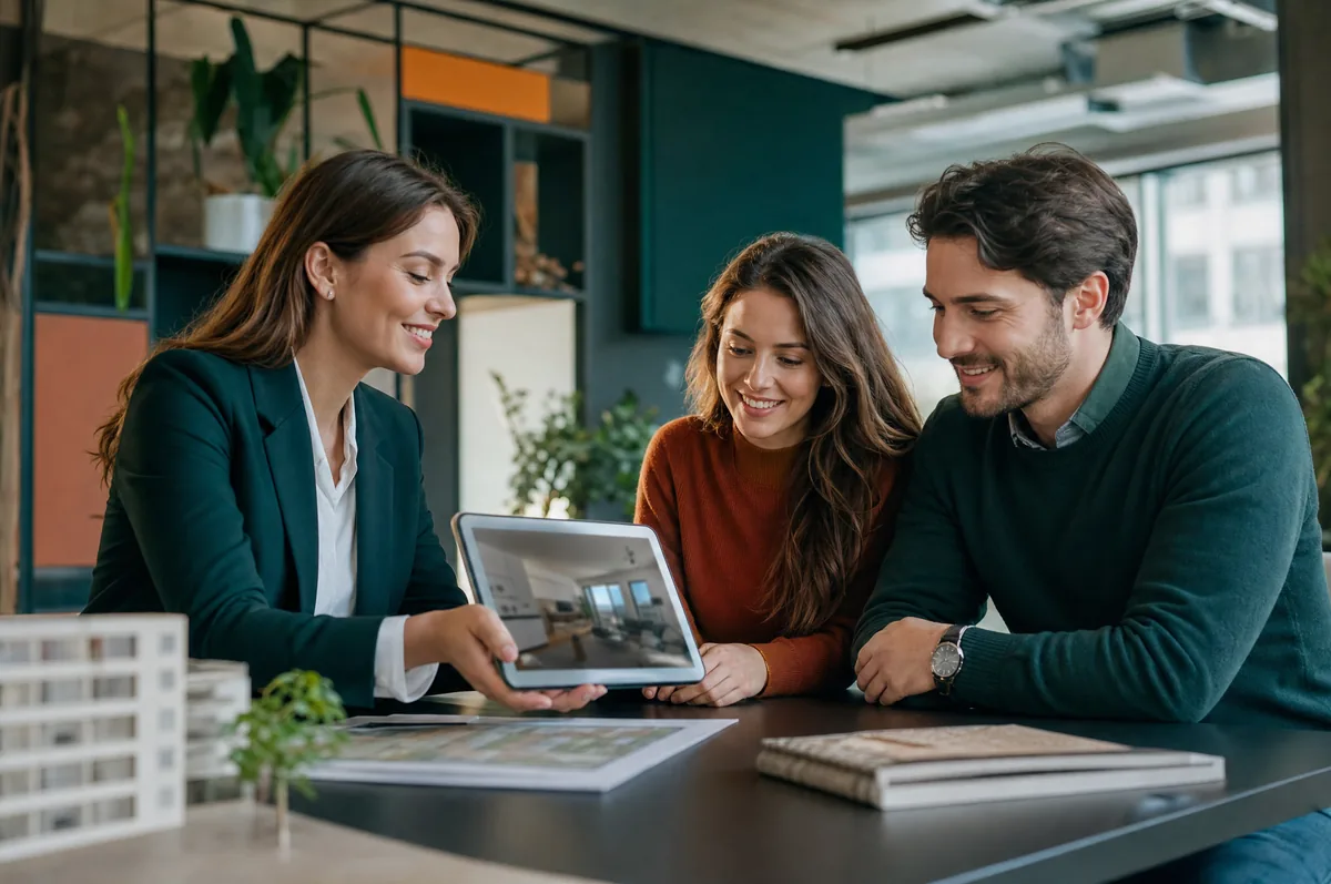 A marketing and sales agency team presenting a development to buyers on a tablet in a bright office
