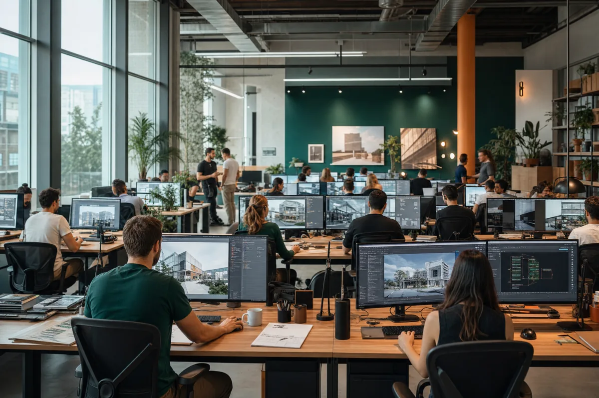 A 3D visualisation artist reviewing a photoreal building render on a large monitor